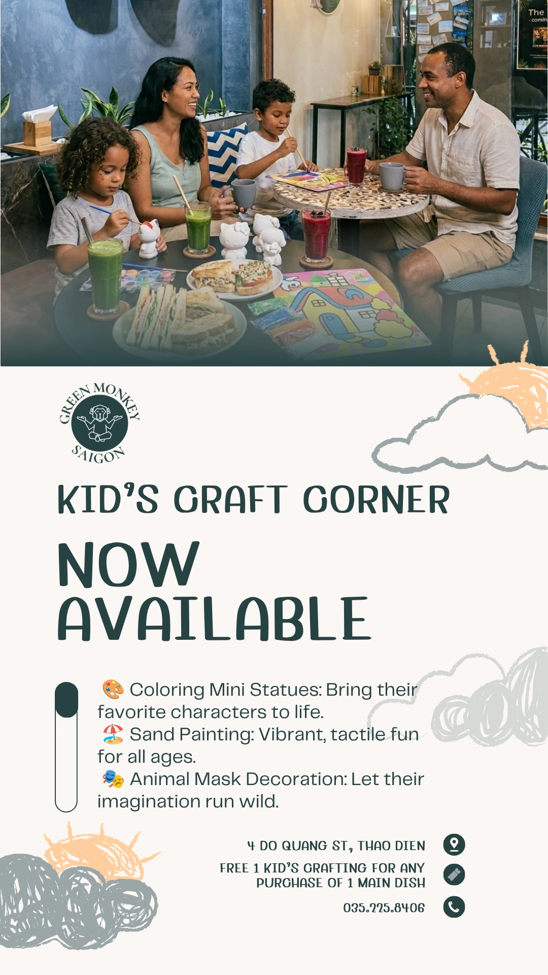 Family enjoying Kid's Craft Corner at Green Monkey Saigon