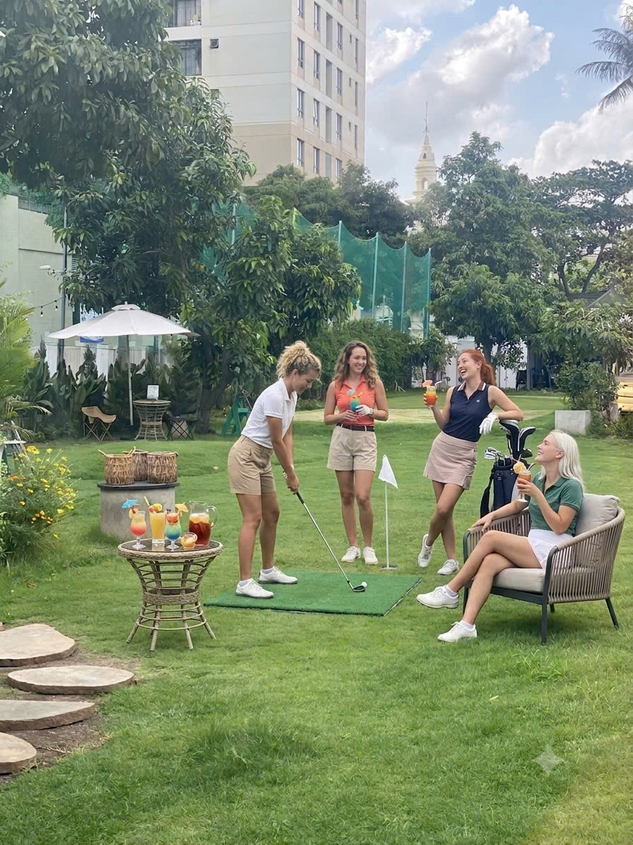 Friends practising golf swings together at golden hour, cocktails in hand
