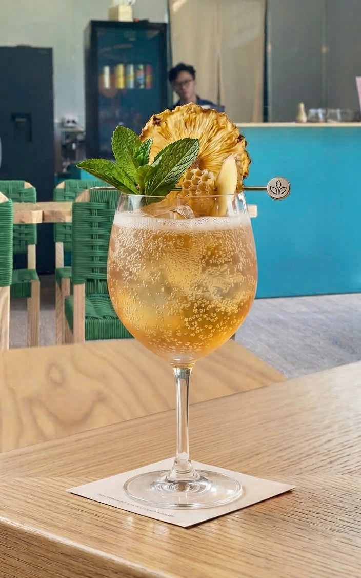 Green Monkey Spritz cocktail garnished with grilled pineapple, honeycomb, and mint