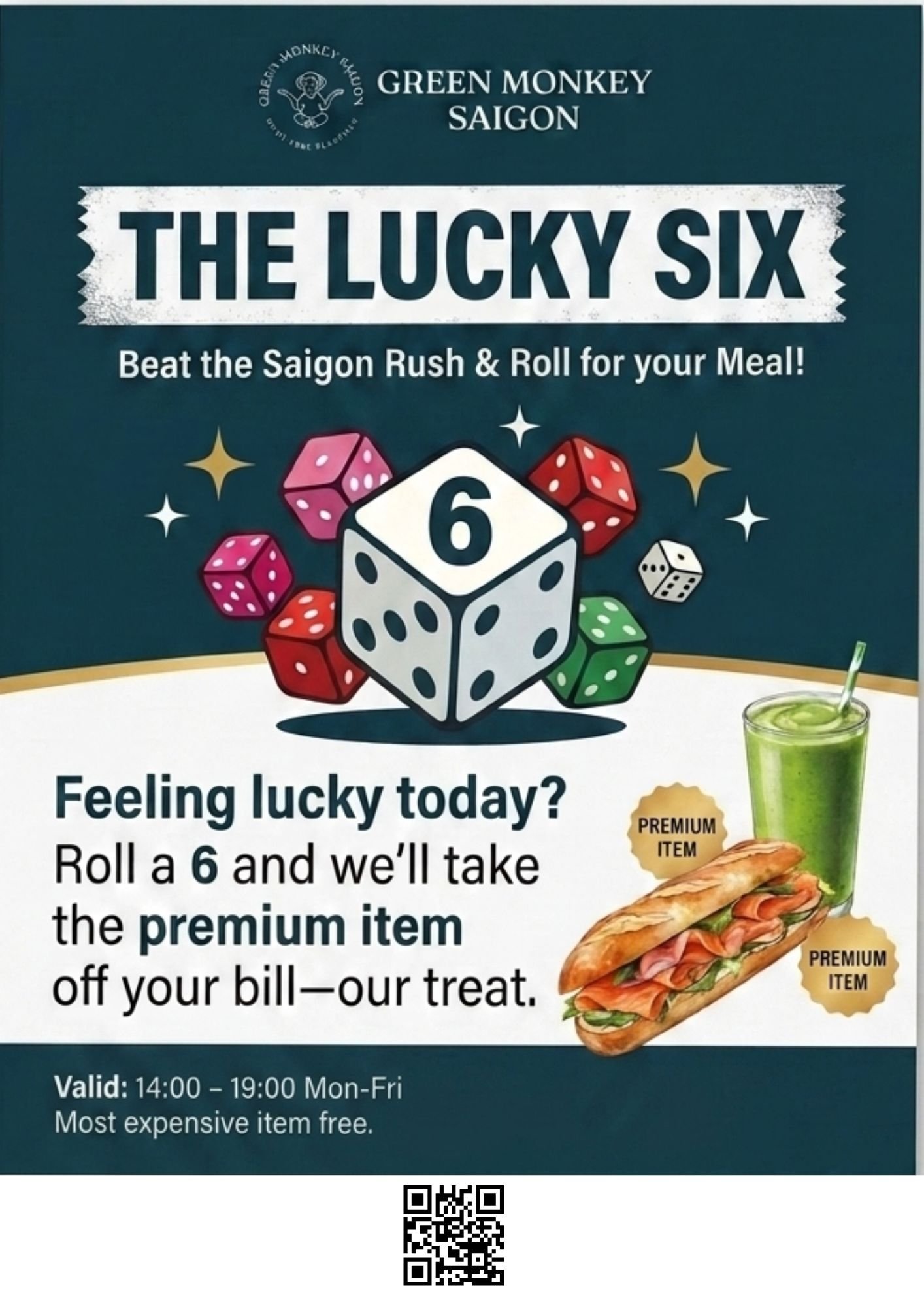 The Lucky Six promo at Green Monkey Saigon: smoked salmon sandwich and Coco Matcha Glow smoothie